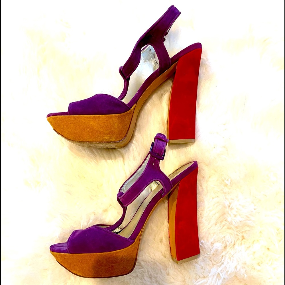 Pelle Moda gorgeous purple, gold & red suede sandals